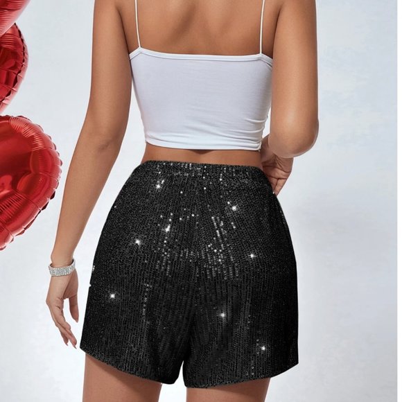 Black Sequin High Waist Shorts - Picture 2 of 5